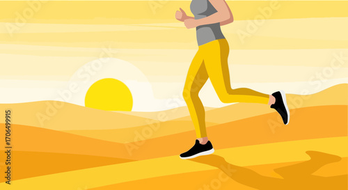 Woman Running Across a Desert Landscape at Sunset With Beautiful Warm Tones