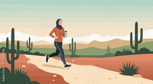 Woman Running in Desert Landscape with Hijab during Fitness Training Outdoors