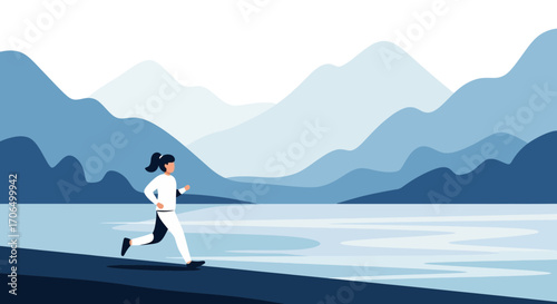 Woman Running Near Mountain Range Silhouette For Wellness, Freedom, and Nature