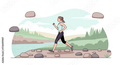 Woman Running Outdoors in a Scenic Landscape Amidst Natural Elements for Exercise