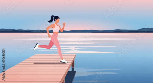 Woman Running With Pink Outfit On The Dock Near Lake At Sunrise, Perfect For Fitness