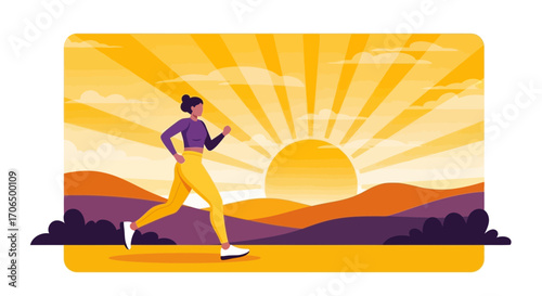 Woman Runs Towards Bright Sun: An Energetic Morning Run Concept Illustration