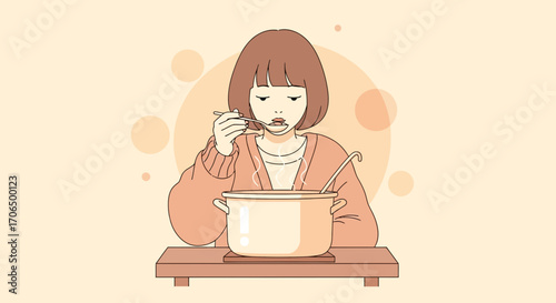 Woman Savoring Food From Soup Pot, Minimalist Illustration of Culinary Enjoyment