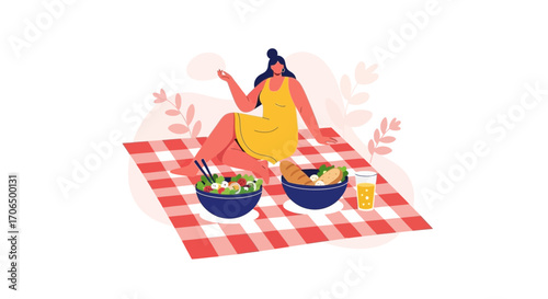 Woman Savouring Picnic Meal On Chequered Cloth With Healthy Food And Pleasant Sunshine