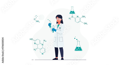 Woman Scientist Performing Chemical Research with Laboratory Equipment in Isolated White Background