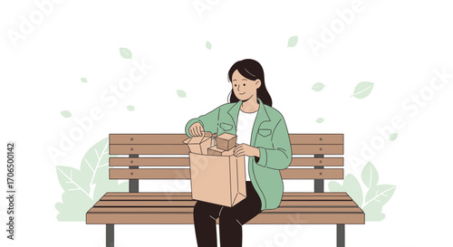 Woman Seated On Park Bench Opening Boxes, Examining Contents, Shopping, Lifestyle Concept