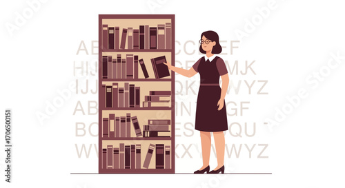 Woman Selecting Book From a Library Shelf Depicting Reading, Education, And Knowledge