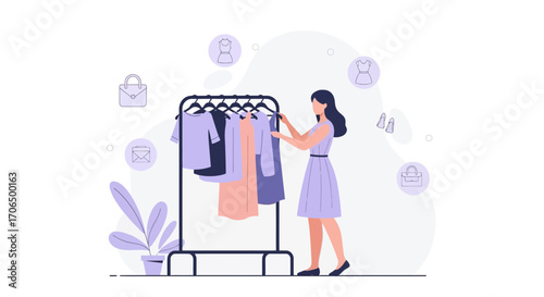 Woman Selecting Clothing from Hangers, Fashion Choices And Online Shopping Design