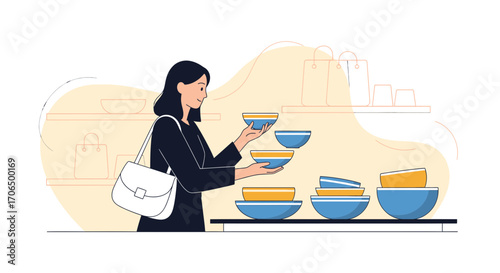 Woman Selecting Colorful Bowls at the Shop, Exploring Kitchenware, Shopping for Home Decor