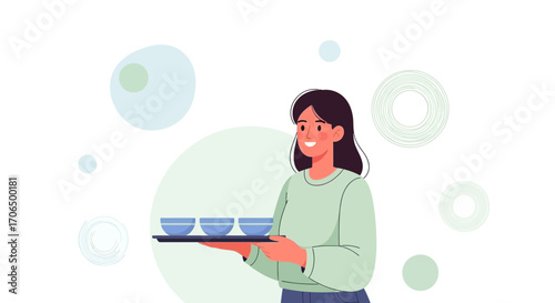 Woman Serving Food On A Tray With A Cheerful Expression And Artistic Background