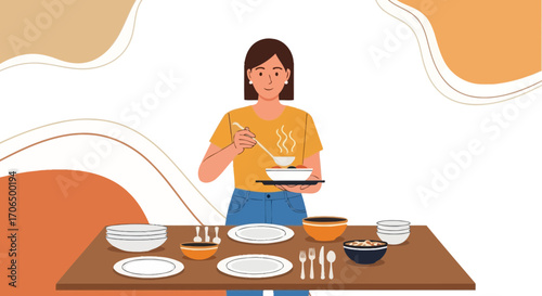 Woman Serving Soup Preparing Table Setting Awaiting Dinner Meal At Home