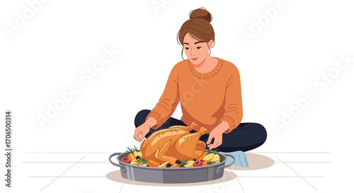 Woman Sitting Near A Roasted Chicken In A Modern Style For Thanksgiving Dinner