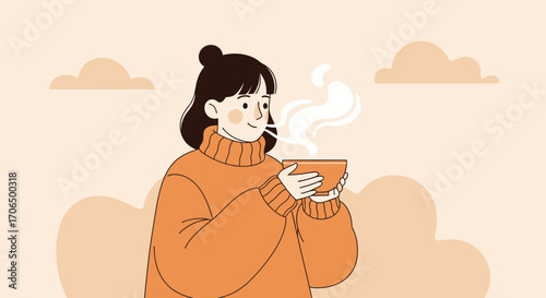 Woman Sipping Warm Beverage In Cozy Home Setting Enjoying Serenity Moment Outdoors