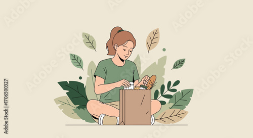 Woman Sitting Outdoors Unpacks Groceries From Bag Amidst Lush Greenery Setting