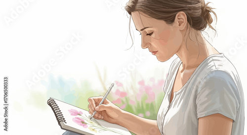 Woman Sketching Flowers Depicts Artistic Expression And Creative Contemplation Outdoors