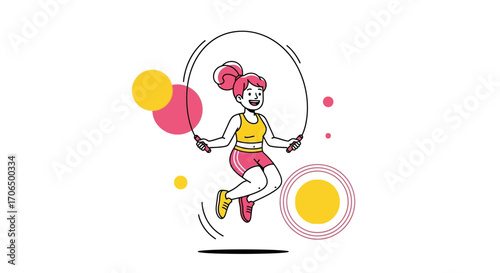 Woman Skipping Rope, Vibrant Illustration, Vector Style, Exercise, Health, Fitness, and Wellness