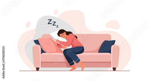 Woman Sleeping Comfortably on a Pink Couch, Envisioning Relaxation and Serenity