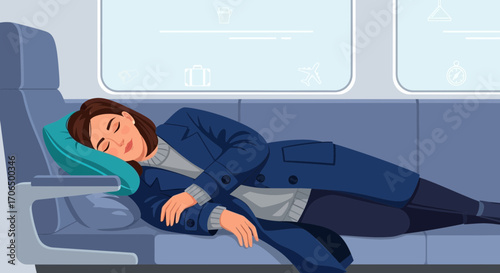Woman Sleeps Cozy In Train Seat, Creating Serene and Comforting Atmosphere For a Long Journey
