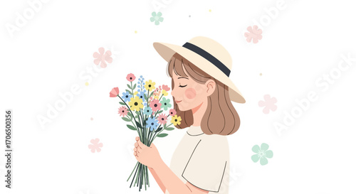 Woman Smelling Fresh Flowers, Adorning a Brimmed Hat, Symbolizing Tranquility And Delight