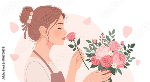 Woman Smelling a Rose and Holding a Floral Bouquet in a Gentle and Delicate Illustration