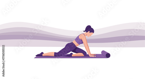 Woman Stretching On Yoga Mat With Purple Clothes And Background For Wellness And Calmness