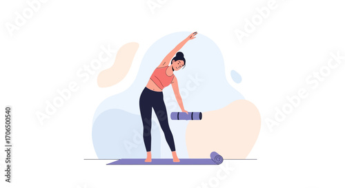 Woman Stretching On Yoga Mat In A Simple Illustration About Wellness And Fitness