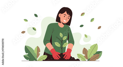 Woman Tending a Plant, Symbolizing Environmental Care, and Sustainable Practices