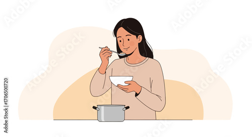 Woman Testing Soup In A Bowl While Preparing Food, Vector Illustration Of Kitchen