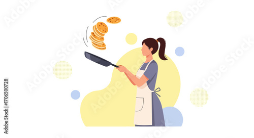 Woman Tossing Pancakes, Illustrating Breakfast Activity In Modern Culinary Preparation