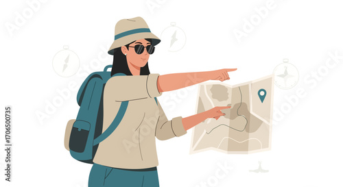 Woman Traveler Exploring With Map And Compass, Showing Her Way To Adventure