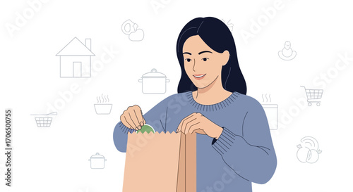 Woman Unpacking Groceries With Kitchen Elements Representing Healthy Lifestyle At Home