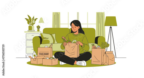 Woman Unpacking Grocery Bag In Home: Healthy Lifestyle And Sustainable Living