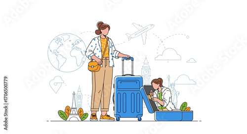 Woman Traveling The World With Luggage and Exploring Destinations Through Digital Means