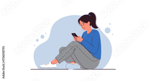 Woman Using Smartphone Relaxing While Sitting In Front Of Abstract Background Portrait