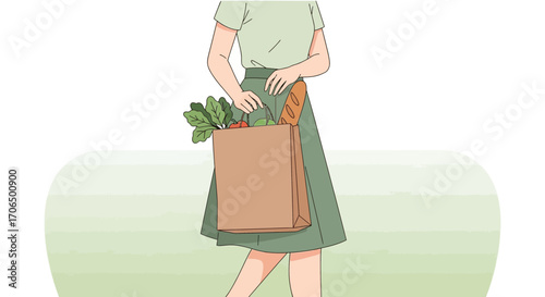 Woman Walks With Grocery Bag Filled With Fresh Vegetables And Bread