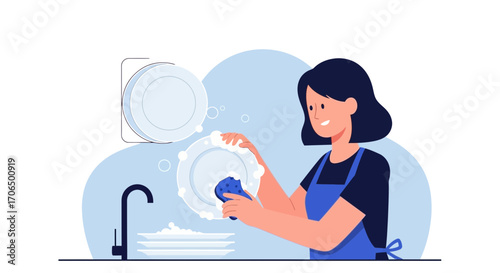 Woman Washing Dishes At Kitchen Sink, Domestic Chore, Daily Task, Simple Illustration