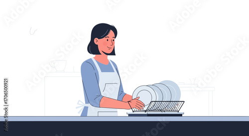 Woman Washing Dishes in Kitchen, Daily Chore, Modern Illustration, Routine Activity