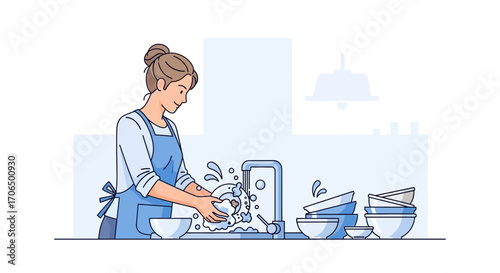 Woman Washing Dishes: A Domestic Scene And Everyday Routine In Kitchen