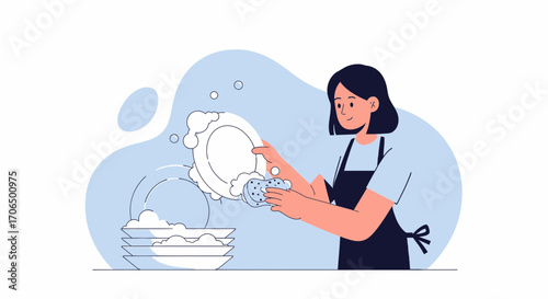 Woman Washing Dishes, Cleaning Crockery, Illustrative Depiction of Domestic Chores
