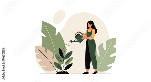 Woman Watering Growing Plant: Cultivating Nature and Nurturing New Beginnings or Life