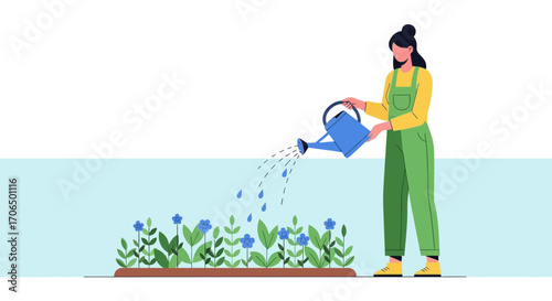 Woman Watering Plants in a Garden, Spring Season, Cultivating a Flower Bed