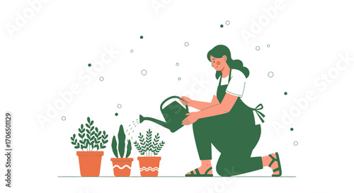Woman Watering Plants, Illustrated Iconography, Home Gardening, and Botanical Lifestyle
