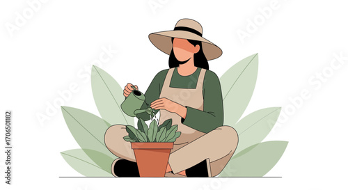 Woman Waters Potted Plant In Garden Wearing Hat and Apron Peaceful Illustration