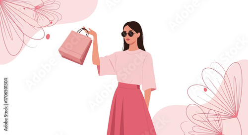 Woman With Bag Wearing Sunglasses Shopping And Smiling With Floral Elements In Pink