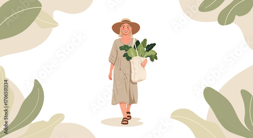 Woman With Fresh Produce and Tote Bag Fashionably Representing Healthy Lifestyle Choices