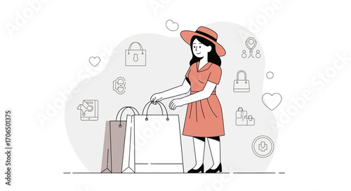 Woman With Shopping Bags, Standing And Smiling, Against A White Background