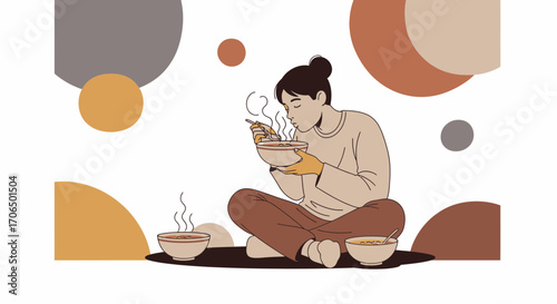 Woman's Peaceful Moment: Enjoying A Bowl Of Hot Soup With Graphic Circular Elements