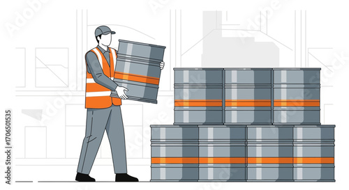 Worker Transporting Metal Barrels Illustrating Resourceful Logistics And Industry Efficiency