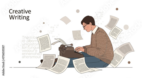 Writer Composing Fresh Content Using Vintage Typewriter And Floating Manuscripts Illustration