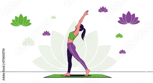 Yoga Pose Demonstration Amidst Lotus Blossoms: A Harmonious Illustration for Wellness